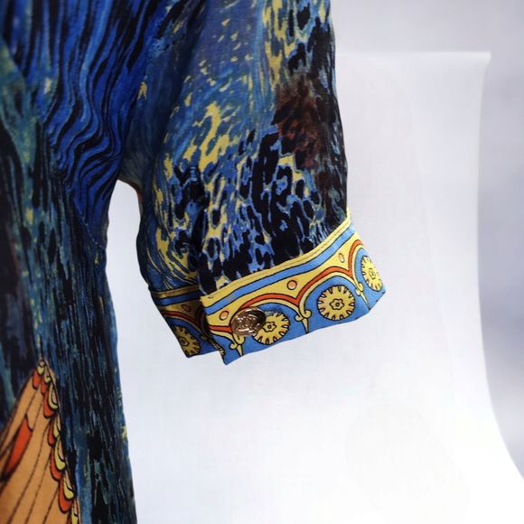 Queen Mulock Butterfly Print Shirt Dress Size M Blue Short Sleeve Pullover Silk - Picture 7 of 12